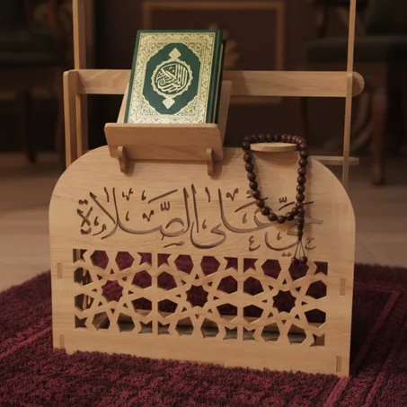 Support Coran en Bois de Luxe avec Calligraphie Islamique – Décoration Spirituelle Élégante