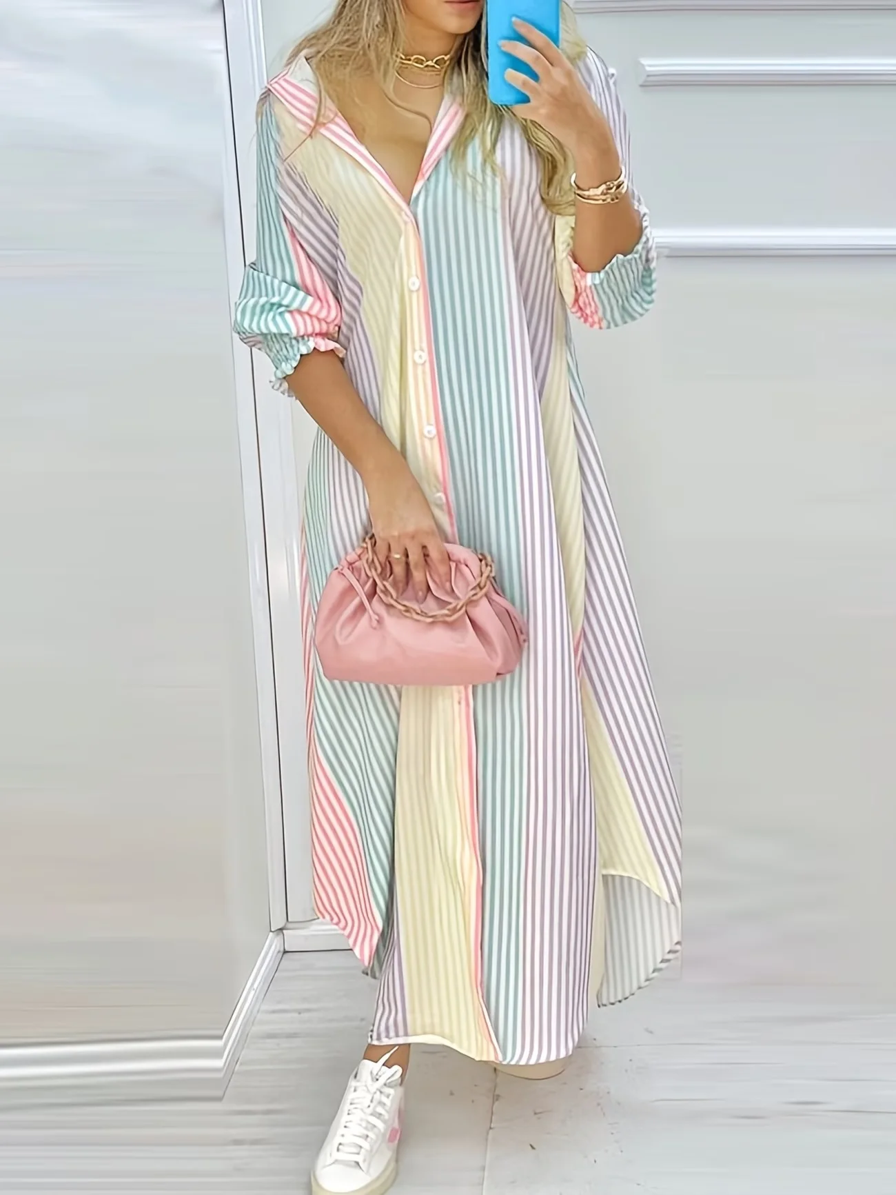 Robe chemise rayée à blocs de couleurs,
