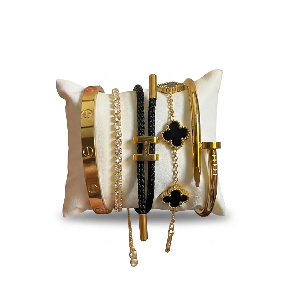 Pack de 5 Bracelets – Élégance Chic (Cartier + Rivière + Hermes + Vancleef + Clou)