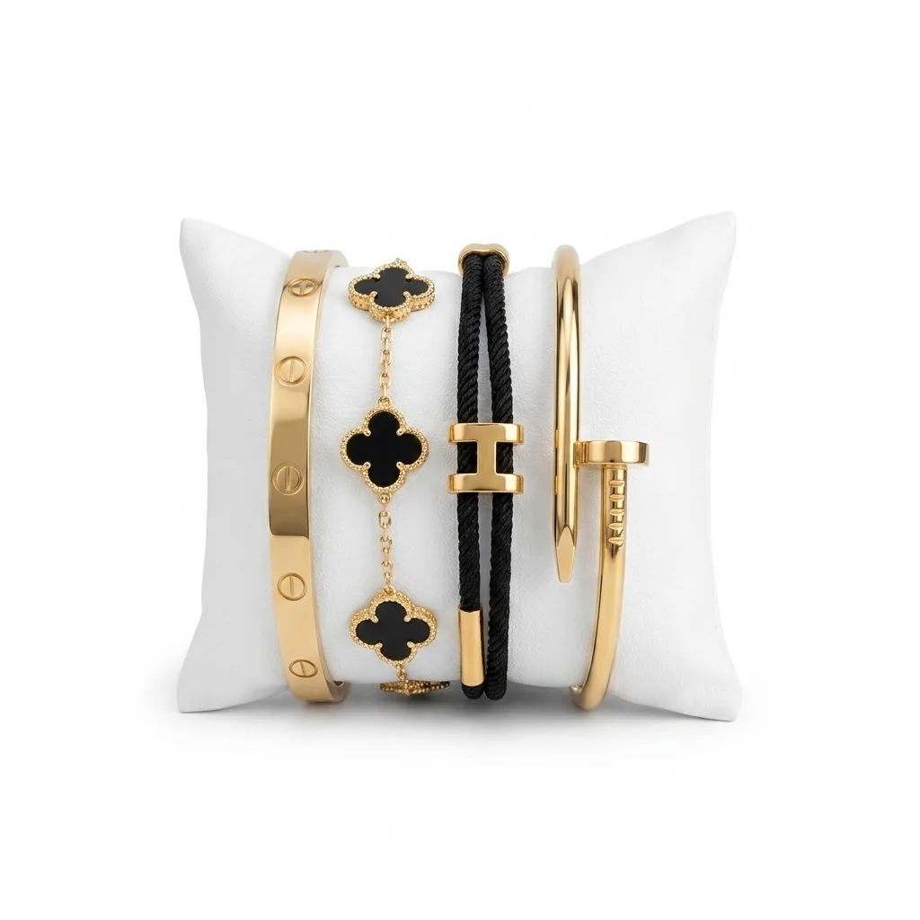 Pack de 4 Bracelets – Noir ou Blanc | Style Chic ( Cartier + Vancleef + Hermes + Clou )