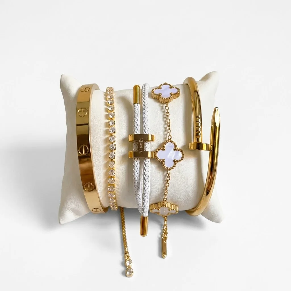 Pack de 5 Bracelets – Élégance Chic (Cartier + Rivière + Hermes + Vancleef + Clou)