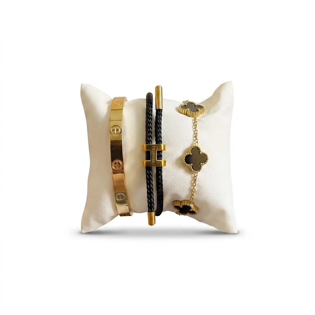 Pack de 3 Bracelets – Noir ou Blanc | Élégance Chic (Cartier + Hermes + Vnacleef)