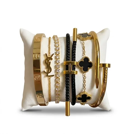 Pack de 6 Bracelets Dorés & Noir/Blanc – Style Luxe & Élégant