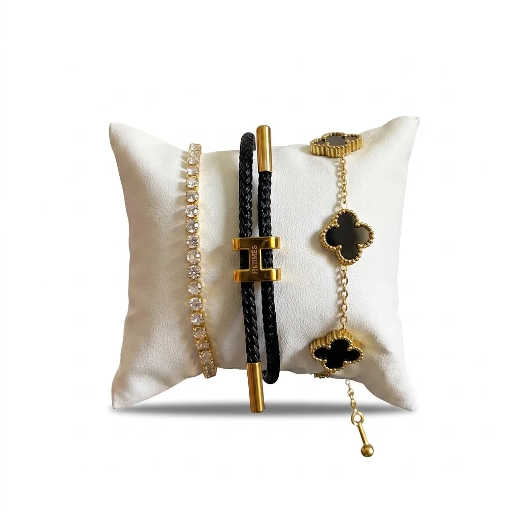 Pack de 3 Bracelets – Élégance Chic & Raffinée (Hermes + Vancleef + Rivière)