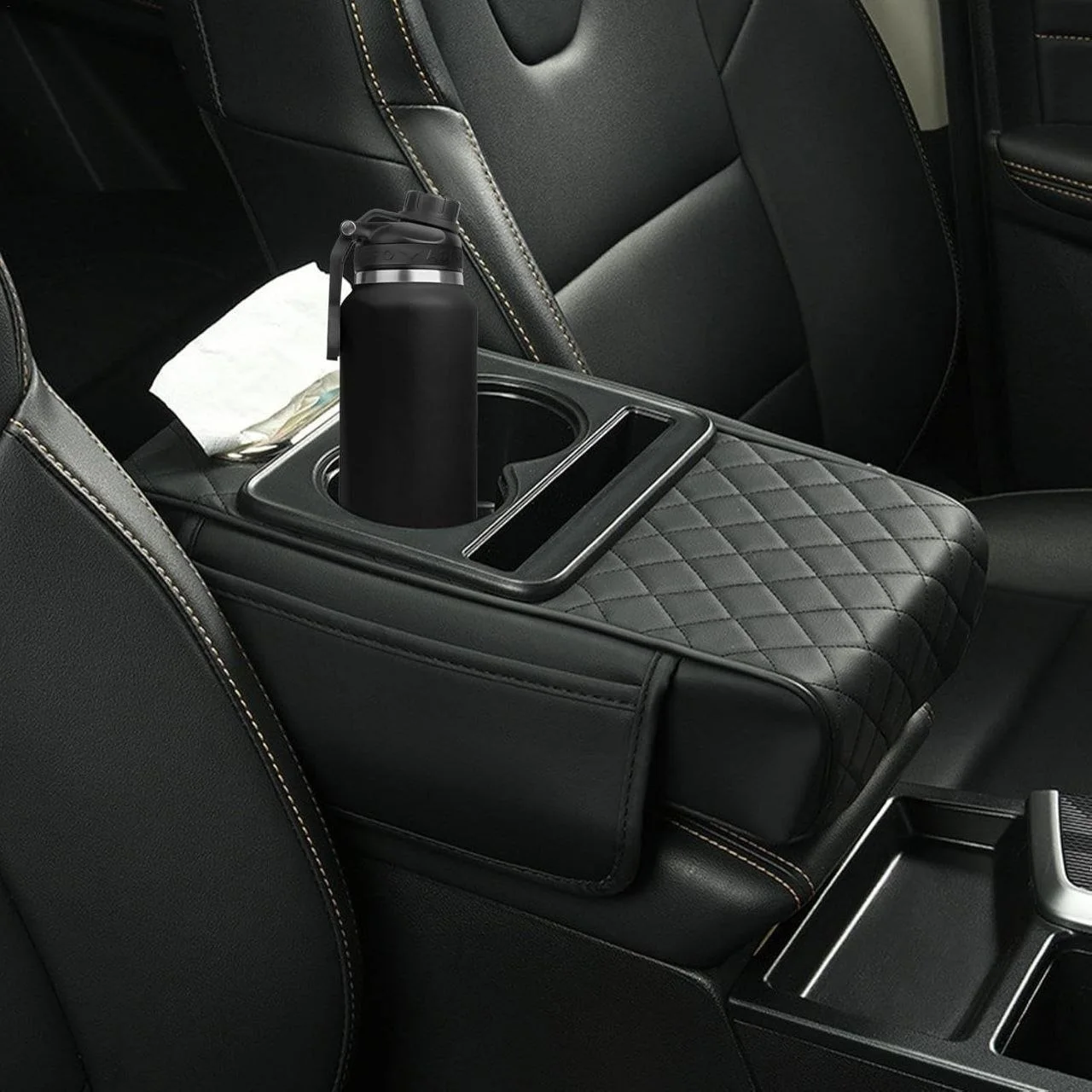 Couvre accoudoir en cuir premium pour voiture - avec porte-gobelets