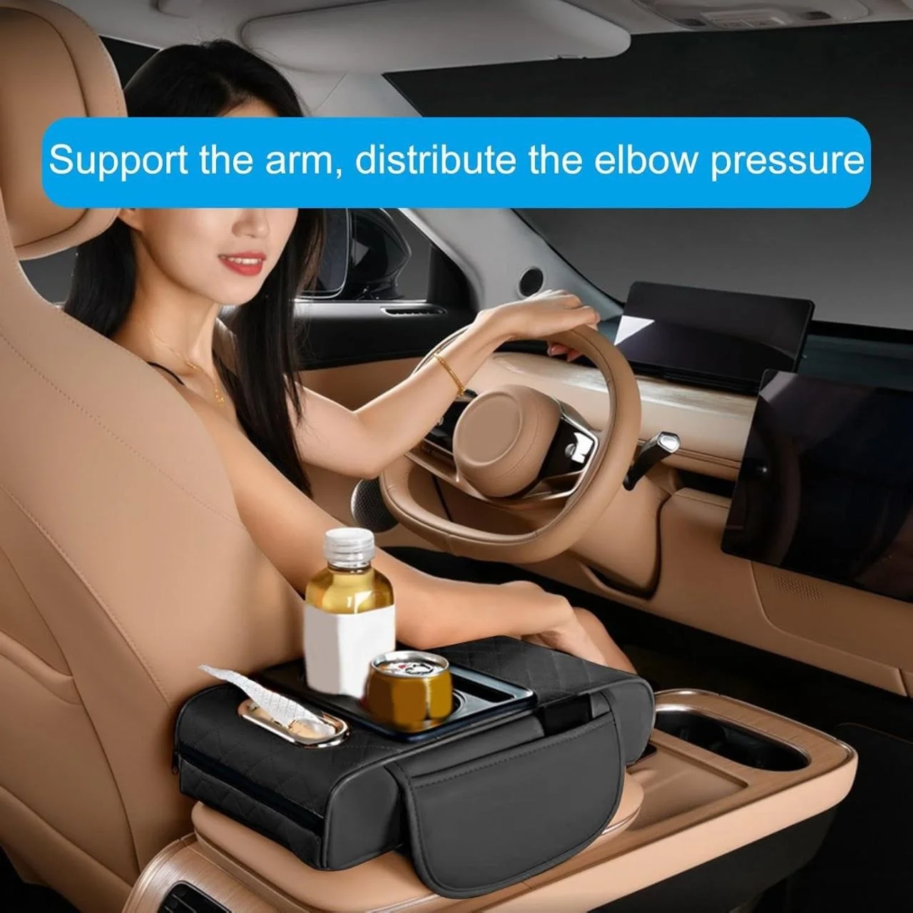 Couvre accoudoir en cuir premium pour voiture - avec porte-gobelets