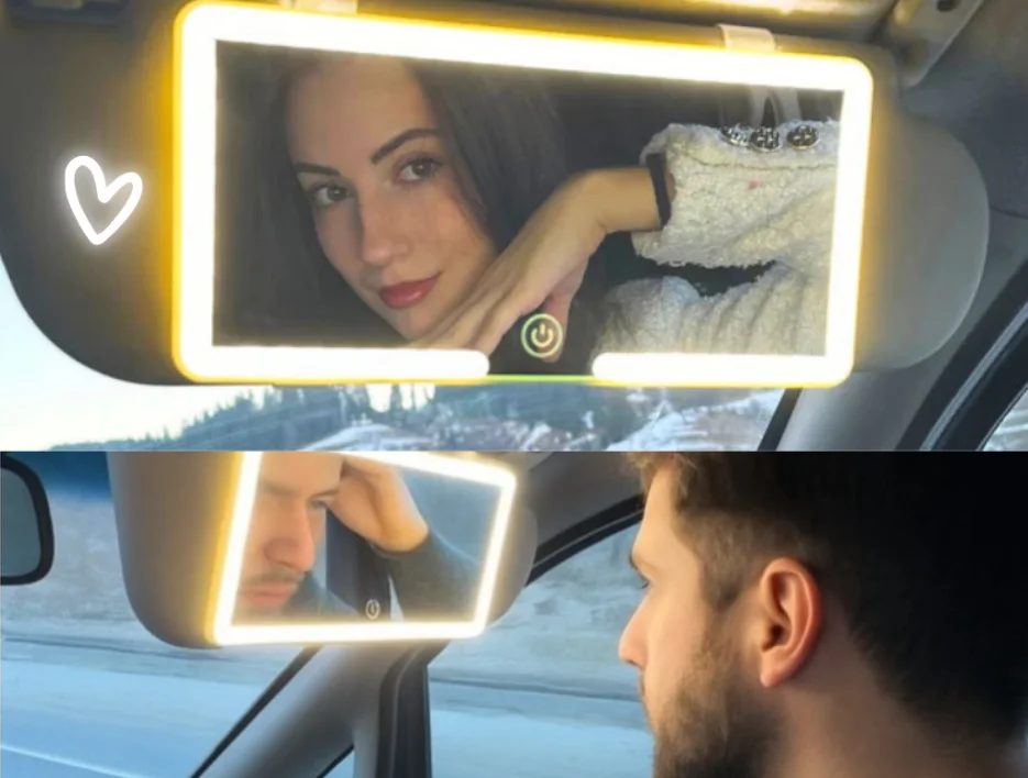 Miroir de maquillage LED pour voiture sur Rétroviseur, Rechargeable, 3 d'éclairage réglable, Tactile