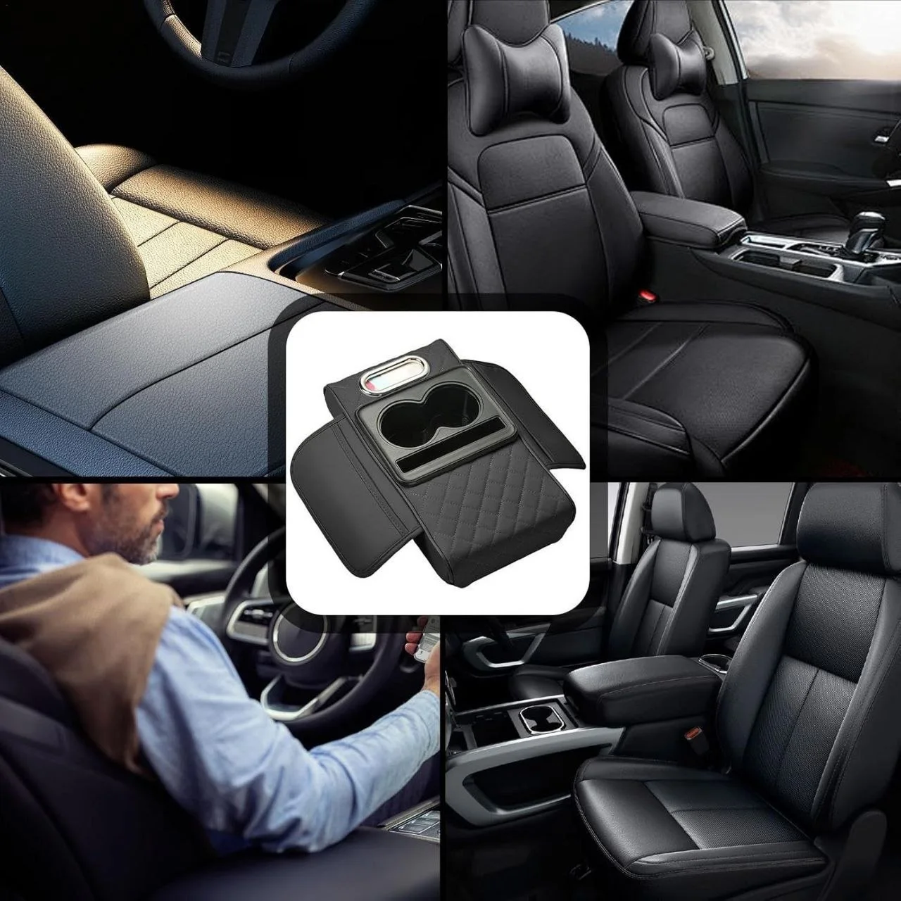 Couvre accoudoir en cuir premium pour voiture - avec porte-gobelets