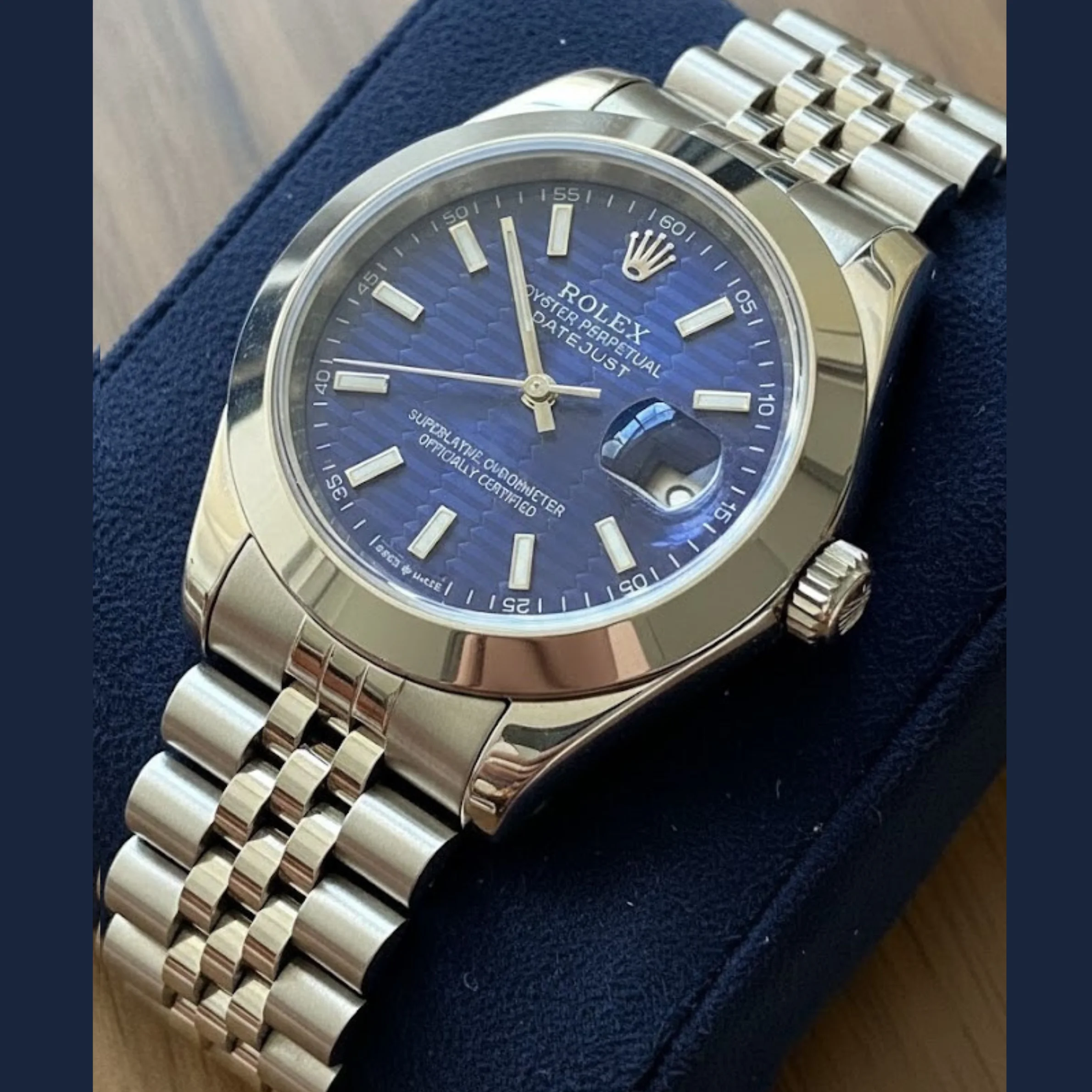 ROLEX Oyster perpetual date-just argentée cadrant bleu
