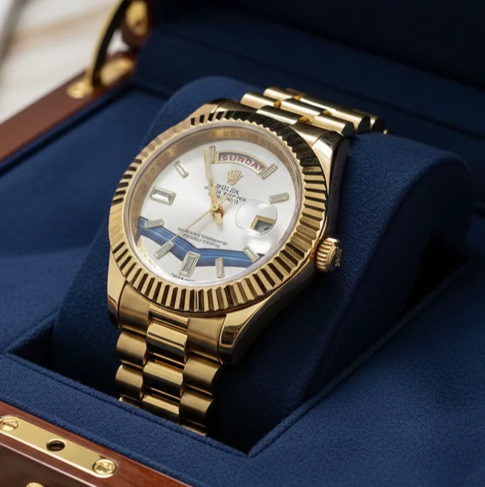 ROLEX Oyster perpetual day-date dorée cadrant blanc taché