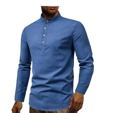 Chemise décontractée à col montant pour homme, à manches longues, mélange de coton et lin - Bleu