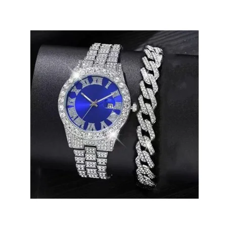 Montre à quartz en acier pour homme avec bracelet cubain