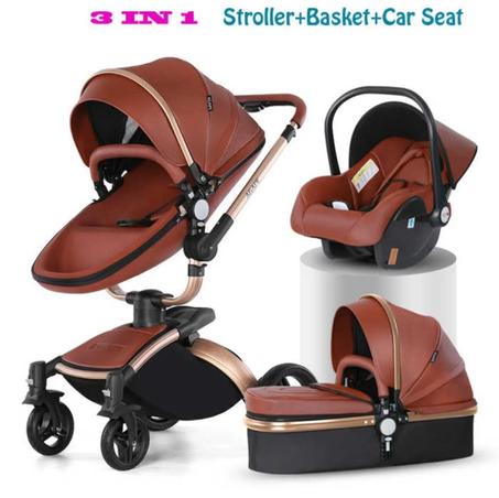 Poussette bébé de luxe en cuir PU, haute qualité, haute paysage, pliable, sièges de sécurité pour voiture, 3 en 1