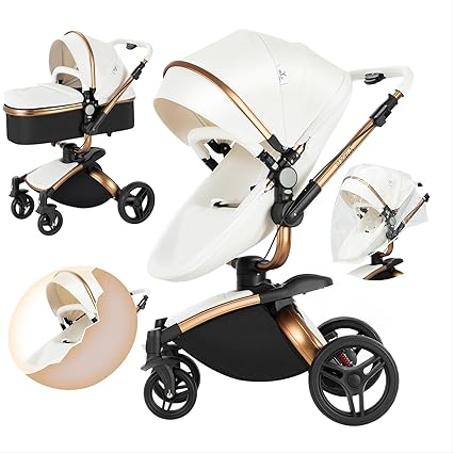 PU Leather 3 in 1 Baby Bassinet Stroller with 360° Rotatable Seat, Convertible Foldable Standard Stroller, Reversible Pushchair Infant Carriage, High Landscape Pram Toddler Newborn (HR001-gri