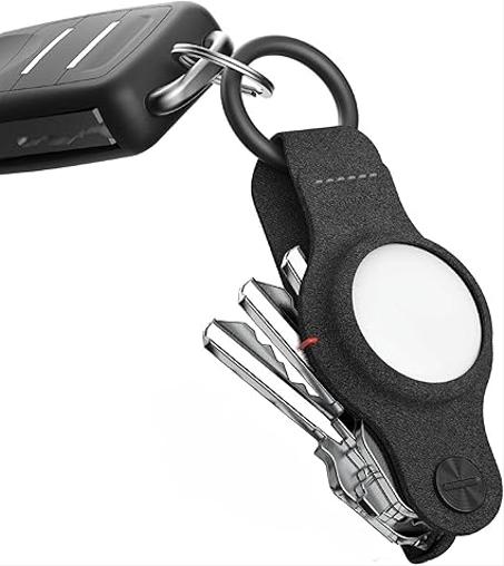 KeySmart AirTag - Llavero compatible con Apple AirTag, llavero organizador de llaves, funda para llavero AirTag, llavero (hasta 5 llaves, cuero vegano negro, etiquetas de aire no incluidas)