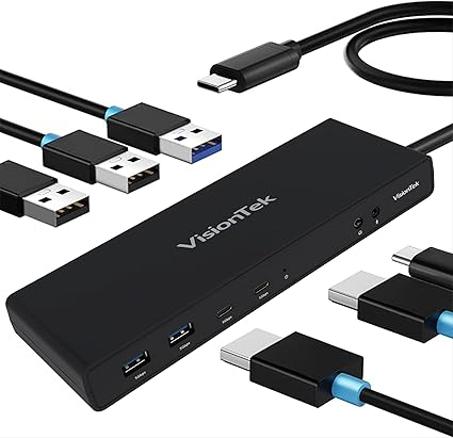 VisionTek Estación de acoplamiento VT4500 12 en 1 Monitor dual 4K – x2 HDMI, x2 DisplayPort, 60W USB-C PD, x4 USB-A 3.0, x2 5Gbps USB-C, conector de audio de 0.138 in y Ethernet – Compatible 