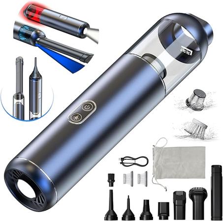 Aspiradora portátil inalámbrica para automóvil, 6 en 1, pequeña aspiradora de mano de 14000 pa de succión de alta potencia, con motor sin escobillas y luz LED y luces de advertencia, mini
