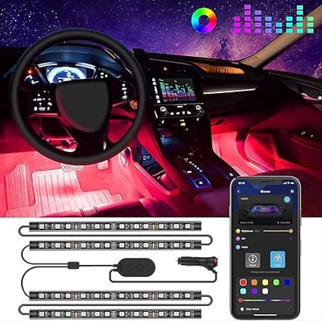 Govee - Luces para interior de auto, tira de luz Led para auto, diseño de dos líneas, impermeables, 4 unidades de 48 ledes, controlador de aplicaciones, kit de iluminación, multicolor, para m