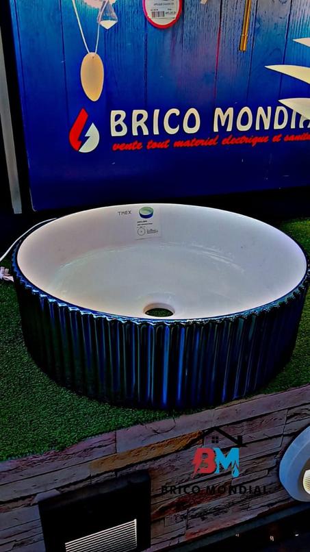 VASQUE CERAMEC BLEU ET BLANC ROND 400X400X125