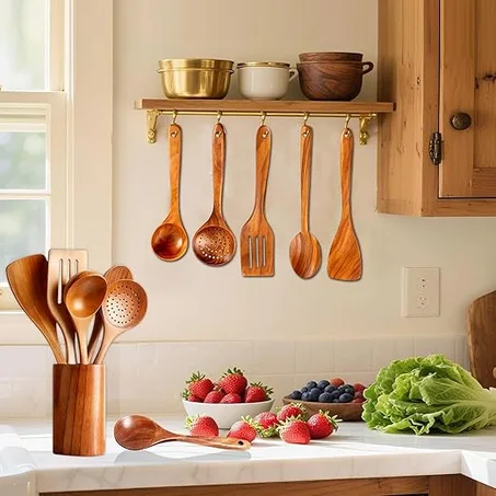 طقم أدوات مطبخ خشبية من متج أصيل مكون من 6 قطع، ملاعق خشبية من خشب الساج الطبيعي للطهي في مقلاة غير لاصقة، يتضمن ملاعق، مغارف، ملعقة تصفية، وشوكة سلطة