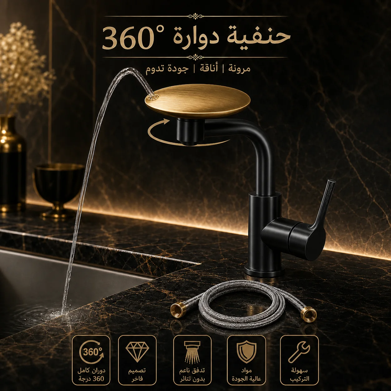 حنفية  دوارة 360 درجة مع 4 أوضاع تدفق مختلفة من معدن اينوكس مقاوم للصدأ للغسل والتنظيف ,  ساخن وبارد بتصميم عصري