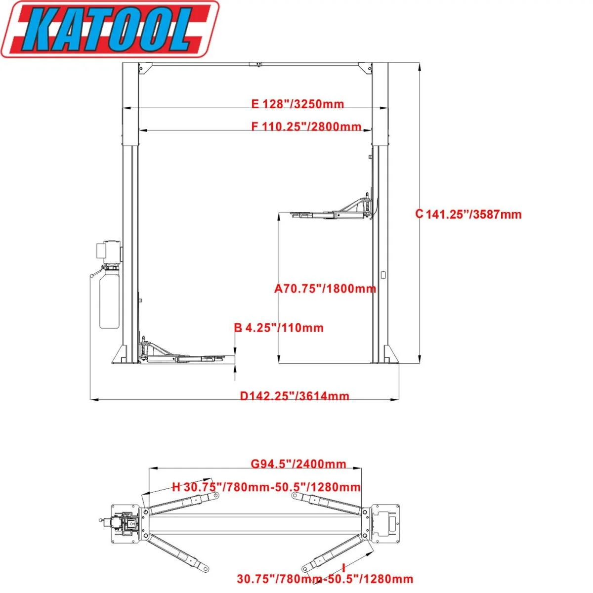 Katool ME-LM1100 Single Lock Release Two Post Vehicle Lift 11,000lbs