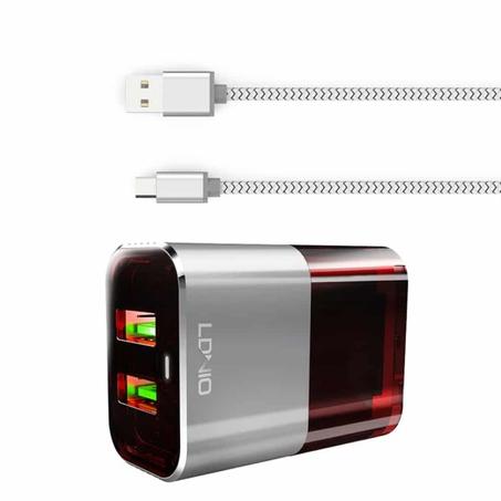 Chargeur LDNIO A2206 de voyage adaptatif, double USB, charge rapide, 2,4 A, avec micro câble, couleur noire