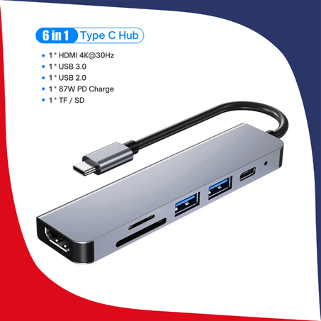 Adaptateur Type USB C, Station d’accueil 6 en 1 avec HDMI, USB 3.0 , USB-C 2.0, SD/TF, 4K/30 Hz, PD