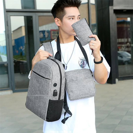 3PCS Backpack Set Men's USB Charging Business Laptop Backbag