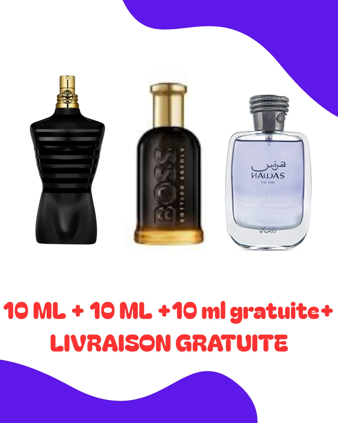 pack le male le parfum, boss bottled absolu et 10 ml gratuite