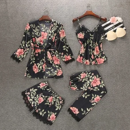 Nouveaux pyjamas quatre pièces en soie