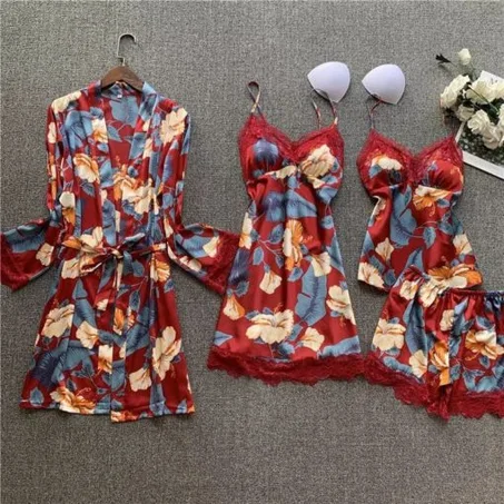 Pyjama femme quatre pièces en soie d’été fronde