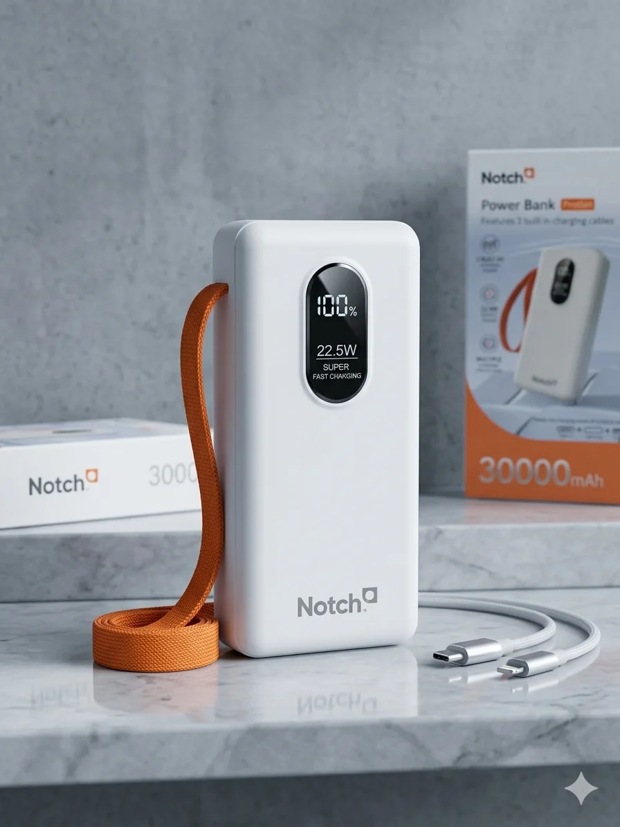 باور بانك notch 30 000 mAh قوي بشحن سريع + كابلات مدمجة