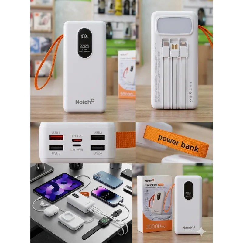 باور بانك notch 30 000 mAh قوي بشحن سريع + كابلات مدمجة