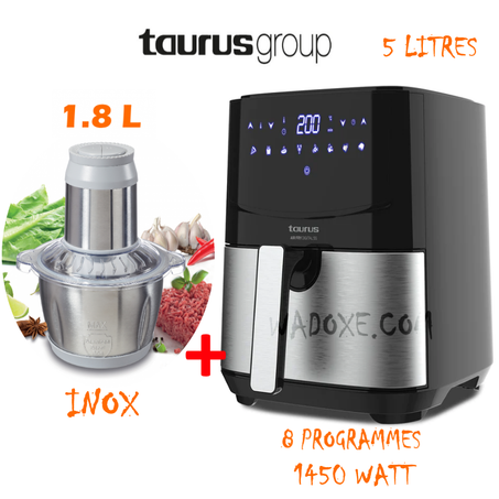قلايه هوائية XXL بدون زيت 5 لتر  08 برامج  إقتصادية + مفرمة لحم Chopper KWIK 600 و الخضر الأنيق - TAURUS