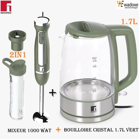 خلاط يدوي 1000 واط مع وعاء خاص للعصير + غلاية كهربائية من الزجاج 1.7 لتر - BERGNER