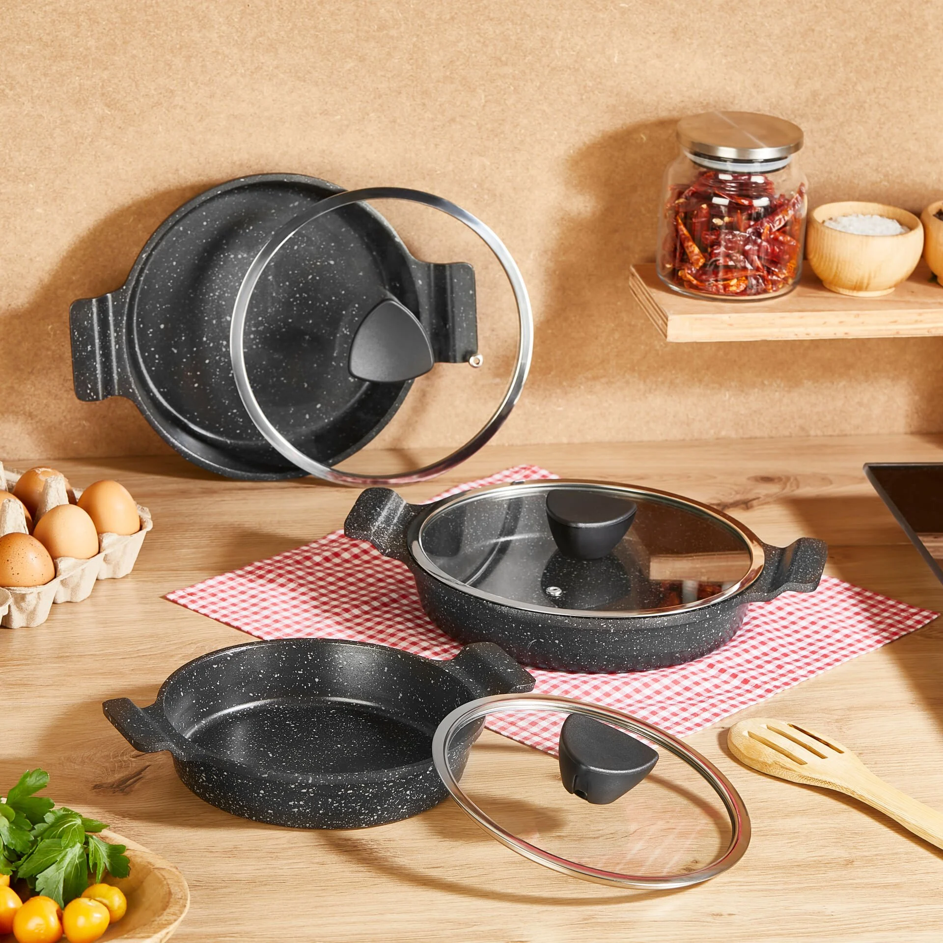 طقم مقالي جرانيت – 3 قطع مع أغطية زجاجية - AMBOSS