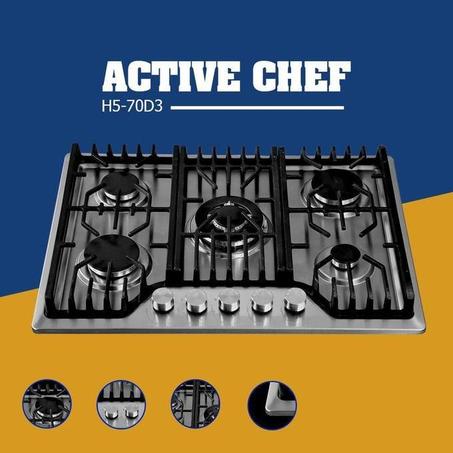 صفيحة غاز 70 سم مدمجة  إنوكس - بـ 5 شعلة مع حوامل من حديد زهر  - ACTIVE CHEF