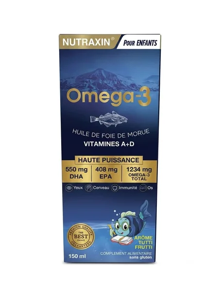 Nutraxin pour enfants Omega-3 huile de foie de morue vitamines A+D haute puissance 550 mg DHA 408mg EPA 1234mg omega-3 totale 150ml