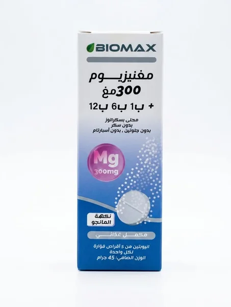 BIOMAX Magnesium 300 mg +B1 B6 B12 édulcoré au sucralose sans sucre sans gluten,sans aspartame Arome mangue