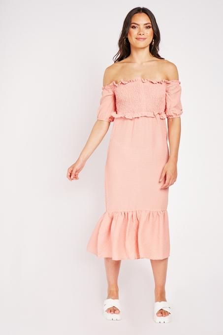 Robe midi à épaules dénudées et à taille élastique