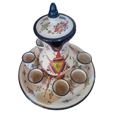 مجموعة فخارية يدوية بنقوش بالأبيض والأسود - طقم تقديم تقليدي 🌟⚫⚪