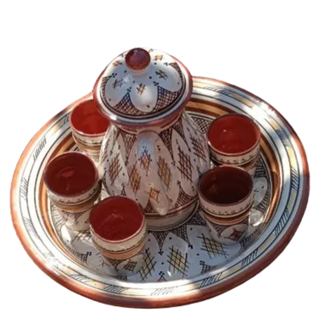 طقم خزفي يدوي - 6 أكواب، جراف، وقصرية الكسكس بحجم 40 سم