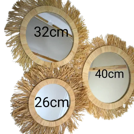 مجموعة مرايا ديكور خشبية دائرية مزينة بالخيوط - مصنوعة يدوياً
