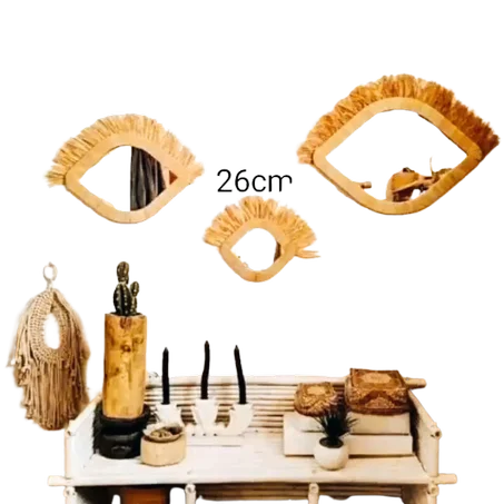 مجموعة مرايا ديكور خشبية على شكل عين مزينة بالخيوط - مصنوعة يدوياً