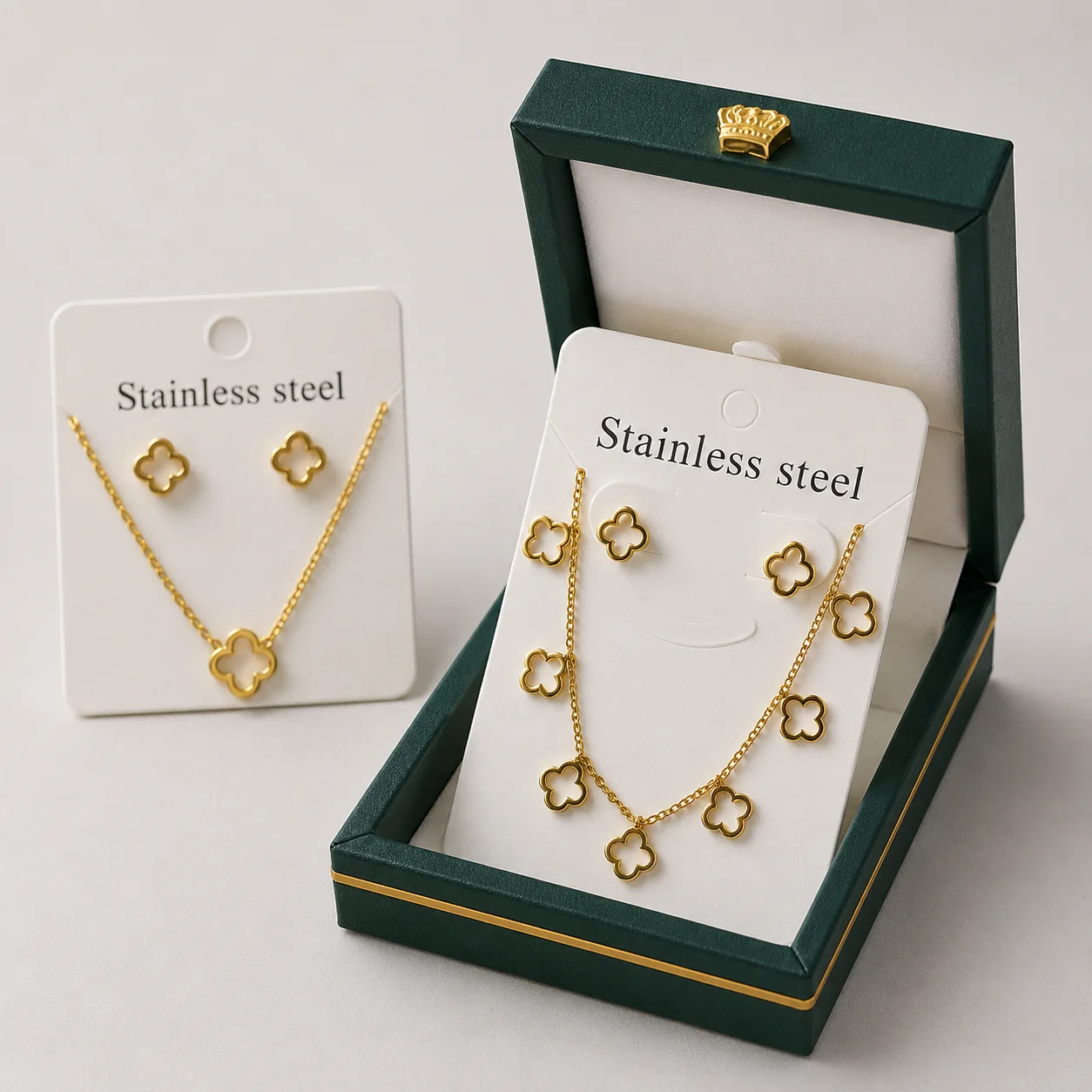Parure bijoux en acier inoxydable – motif trèfle