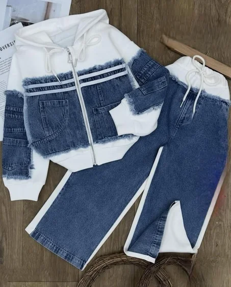 طقم بناتي عصري بلمسة جينز