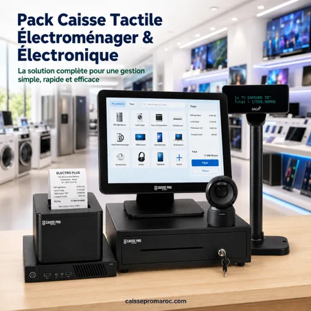 Pack Caisse Enregistreuse Tactile Électroménager & Électronique – Caisse avec Écran Tactile + Scanner + Afficheur Client sur Pied + Tiroir-Caisse + Imprimante Reçu