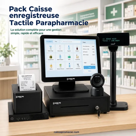 Pack Caisse Enregistreuse Tactile Parapharmacie – Caisse avec Écran Tactile + Scanner + Afficheur Client sur Pied + Tiroir-Caisse + Imprimante Reçu