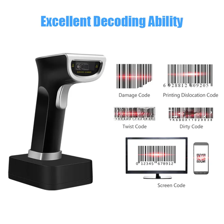 Lecteur codes-barres 2D sans fil avec base